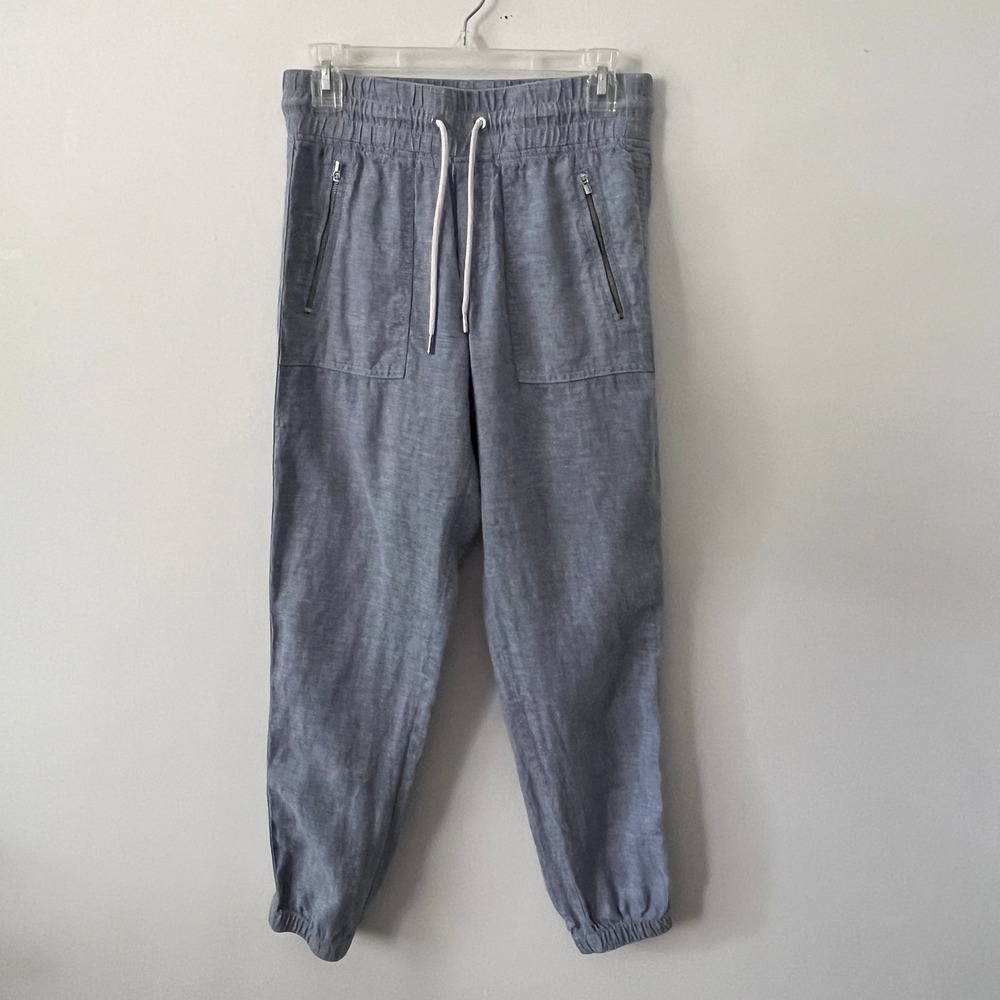Athleta Cabo Linen Jogger Women 0 Blue Drawstring Casual Coastal Beachy FLAWED
